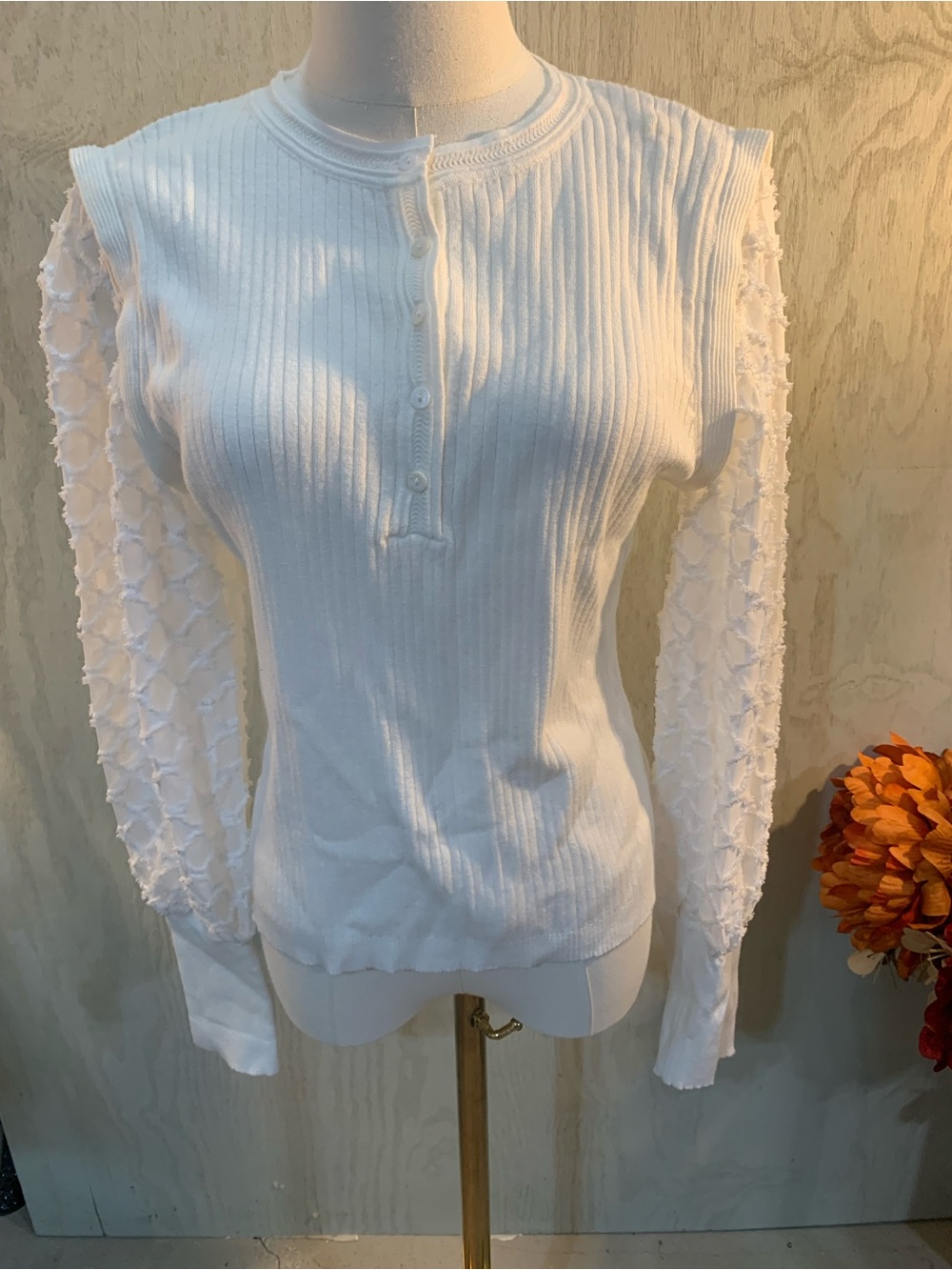 Women's White Long Sleeve Henley with Textured Sleeves